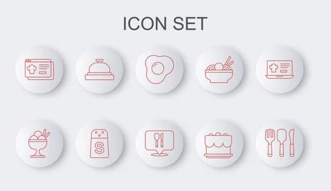 Set line Fork, spoon and knife, Ice cream in bowl, Scrambled eggs, Cake, Online Stock Illustration