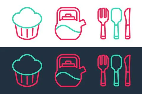 Set line Fork, spoon and knife, Cupcake and Kettle with handle icon. Vector Illustration