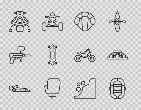 Set line Formula 1 racing car, Rafting boat, Parachute, Boxing glove, Snowmobile Stock Illustration