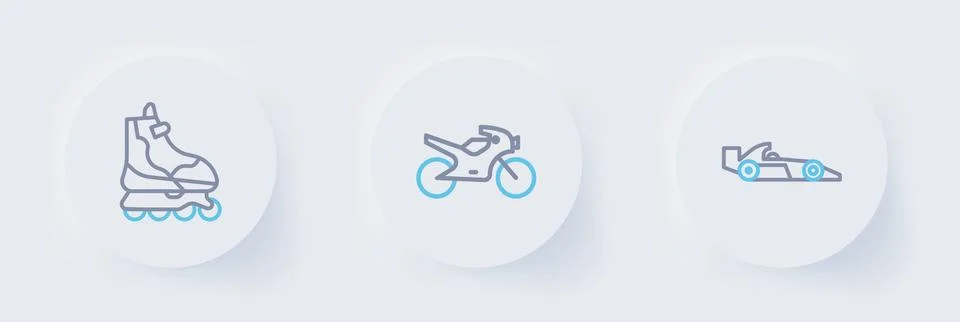 Set line Formula 1 racing car, Motorcycle and Roller skate icon. Vector Stock Illustration