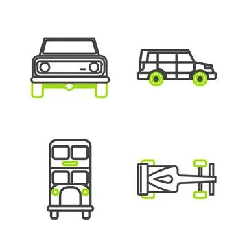 Set line Formula race car, Double decker bus, Off road and  icon. Vector Stock Illustration