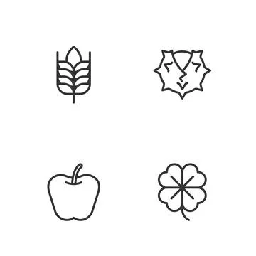 Set line Four leaf clover, Apple, Wheat and Chestnut icon. Vector Stock Illustration