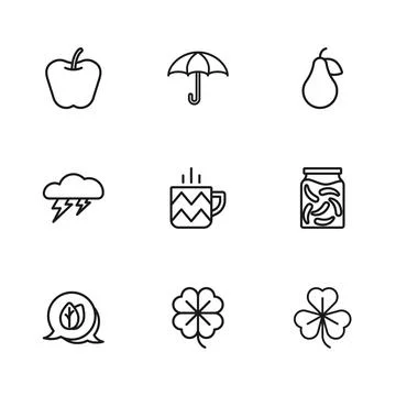 Set line Four leaf clover Pickled cucumbers in jar Clover Cup of tea Pear App Stock Illustration