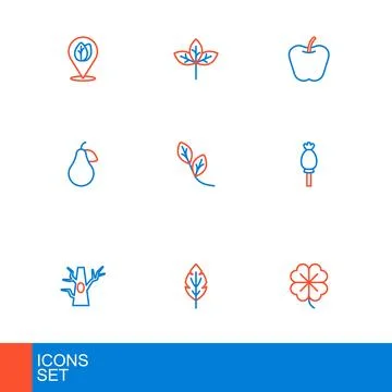 Set line Four leaf clover, Leaf, Bare tree, Opium poppy, Pear, Apple and Wi.. Stock Illustration