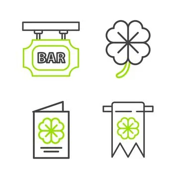 Set line Four leaf clover and party pennant, Saint Patricks Day flyer, broc.. Stock Illustration