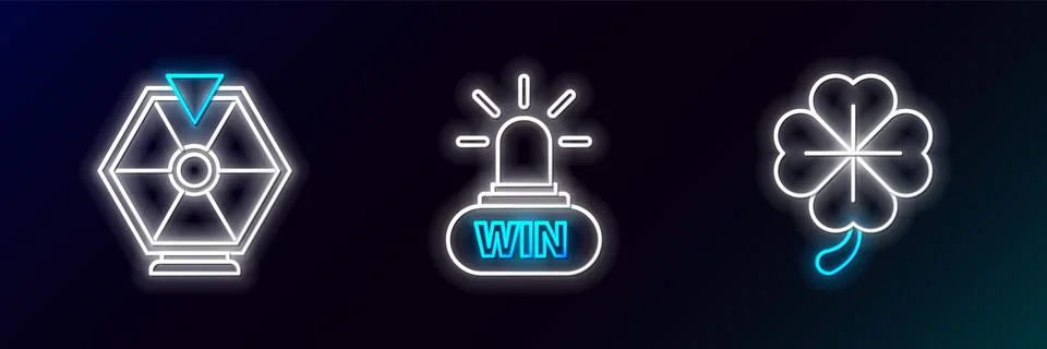 Set line Four leaf clover, Lucky wheel and Casino win icon. Glowing neon. V.. Stock Illustration