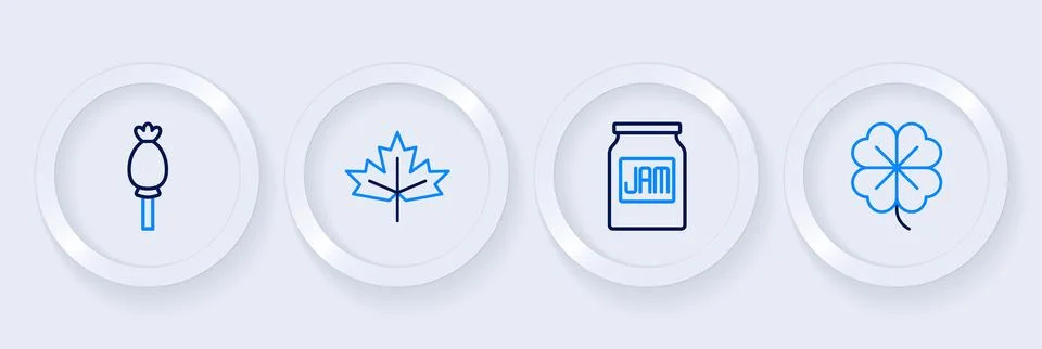 Set line Four leaf clover, Jam jar, Canadian maple and Opium poppy icon. Vect Stock Illustration