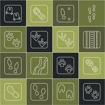 Set line Fox paw footprint, Human footprints shoes, Tire track, Goose, Paw, Wild Stock Illustration