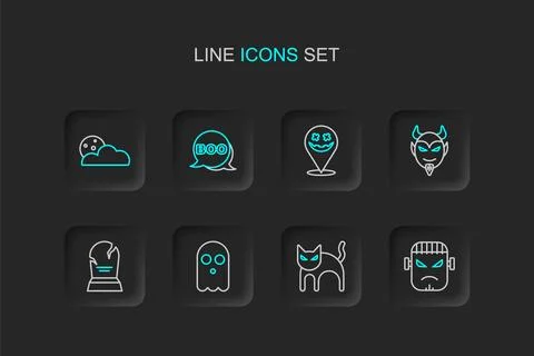 Set line Frankenstein face Black cat Ghost Tombstone with RIP written Devil h 스톡 일러스트