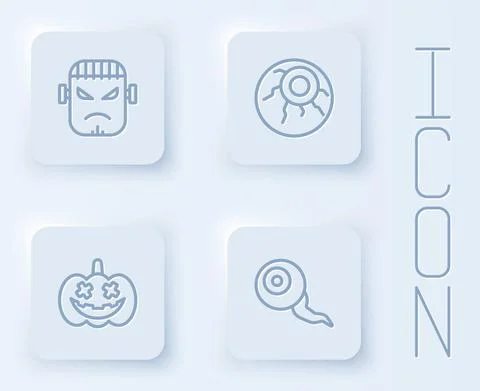 Set line Frankenstein face, Eye, Pumpkin and . White square button. Vector Stock Illustration
