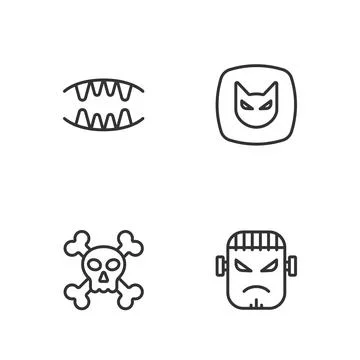 Set line Frankenstein face, Skull on crossbones, Vampire teeth and Black cat Stock Illustration