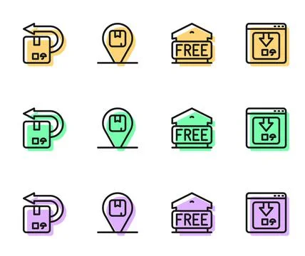 Set line Free storage, Return cardboard box, Location with and Online app del Stock Illustration