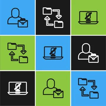 Set line Freelancer, Mute microphone on laptop and Cloud storage document folder Illustrazione stock