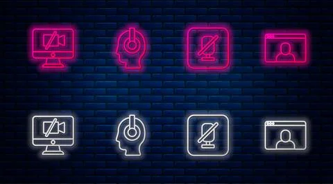 Set line Freelancer, Mute microphone, Video camera Off computer and chat Stock Illustration
