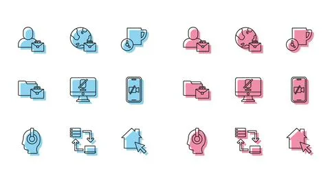 Set line Freelancer, Online working, Mute microphone on computer, Video camera Stock Illustration