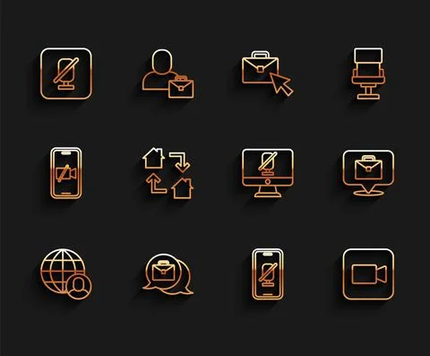 Set line Freelancer, Online working, Mute microphone, mobile, Camera, and Illustrazione stock