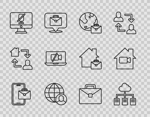 Set line Freelancer, Online working, Mute microphone on computer, Video camera Stock Illustration