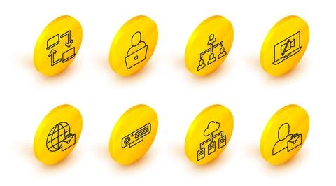 Set line Freelancer, Online working, Web camera, Video Off on laptop, Hierarchy 스톡 일러스트
