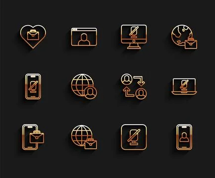 Set line Freelancer, Online working, Heart with text, Mute microphone, Vide.. Stock Illustration