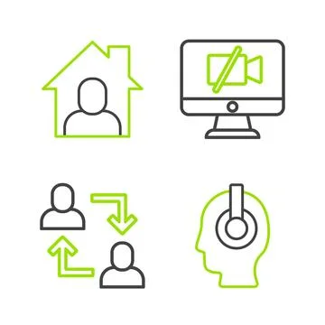 Set line Freelancer, Project team base, Video camera Off on computer and On.. 스톡 일러스트