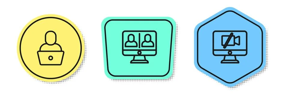 Set line Freelancer, Video chat conference and camera Off computer. Colored 스톡 일러스트
