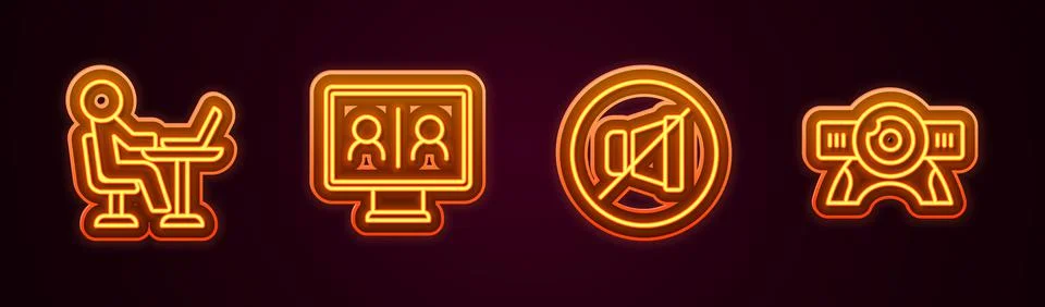 Set line Freelancer, Video chat conference, Mute microphone and Web camera Stock Illustration