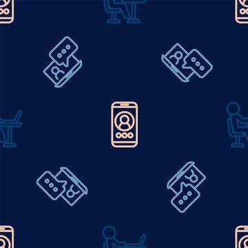 Set line Freelancer, Video chat conference and on seamless pattern. Vector Illustrazione stock