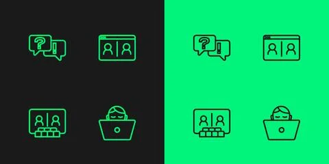 Set line Freelancer, Video chat conference, Question and Answer and icon. Vector Stock Illustration