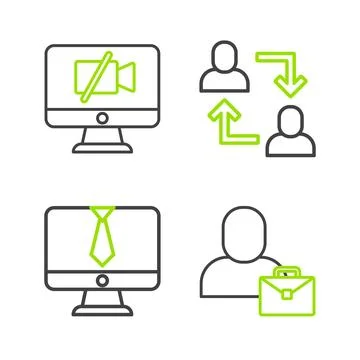 Set line Freelancer Video chat conference Project team base and camera Off co Illustrazione stock