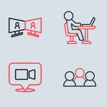 Set line Freelancer, Video chat conference, Meeting and  icon. Vector Stock Illustration