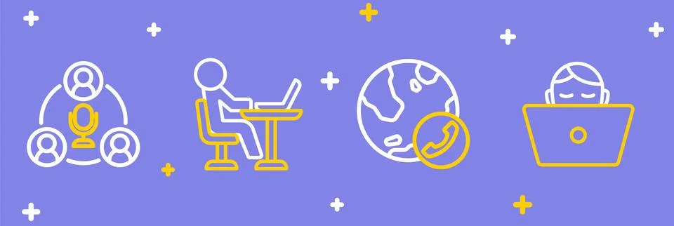 Set line Freelancer, Video chat conference,  and Meeting icon. Vector Illustrazione stock