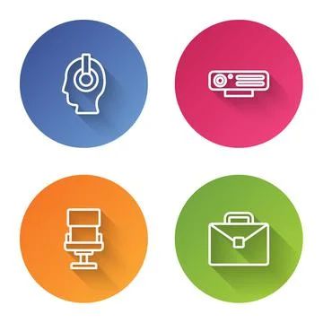 Set line Freelancer, Web camera, Office chair and Briefcase. Color circle but Stock Illustration