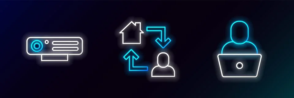Set line Freelancer, Web camera and Online working icon. Glowing neon. Vector Illustrazione stock