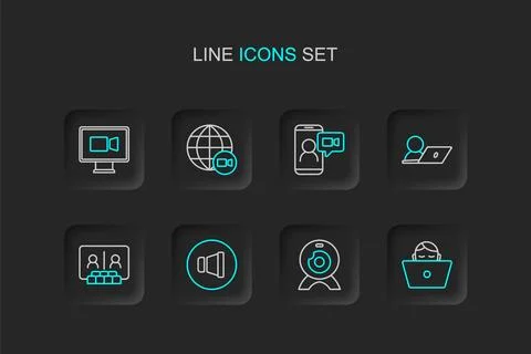 Set line Freelancer, Web camera, Speaker volume, Video chat conference,  an.. Stock Illustration