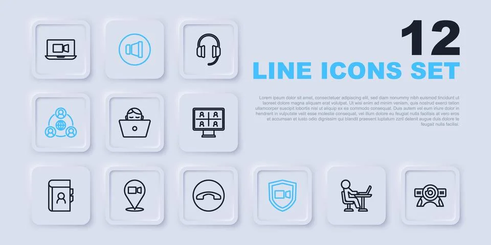 Set line Freelancer, Web camera, Video chat conference, Meeting, Speaker vo.. Stock Illustration