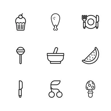 Set line Fresh berries, Watermelon, Fly agaric mushroom, Mortar and pestle,.. Stock Illustration