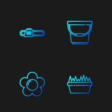 Set line Fresh grass in a rectangular, Flower, Chainsaw and Bucket. Gradient Illustration