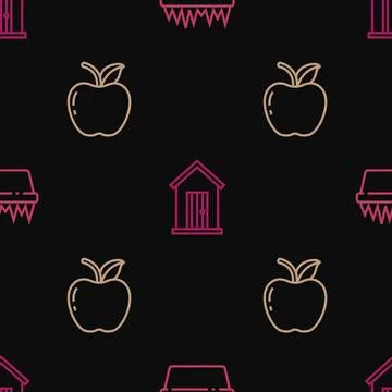 Set line Fresh grass in a rectangular, Apple and Farm house on seamless pattern Illustrazione stock