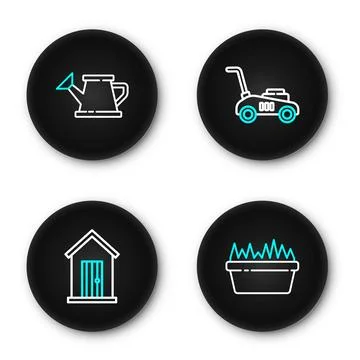 Set line Fresh grass in a rectangular, Farm house, Lawn mower and Watering .. 스톡 일러스트