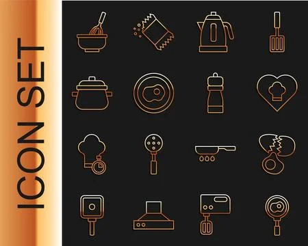 Set line Fried eggs on frying pan, Broken, Chef hat, Electric kettle, Scram.. Stock Illustration