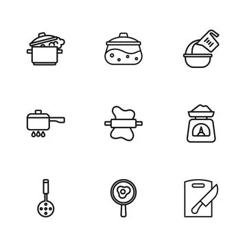 Set line Fried eggs on frying pan, Scales, Cutting board and knife, Rolling.. Stock Illustration