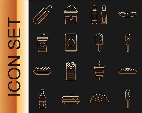 Set line Fried sausage, Bread loaf, Corn dog, Sauce bottle, Soda can with straw Stock Illustration