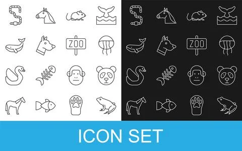 Set line Frog, Cute panda face, Jellyfish, Rat, Dog head, Whale, Worm and Zoo Stock Illustration