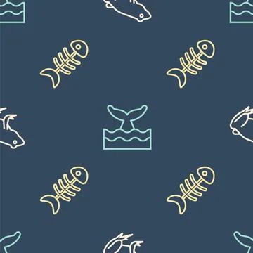 Set line Frog, Fish skeleton and Whale tail in ocean wave on seamless pattern Illustrazione stock