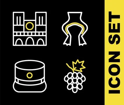 Set line Frog legs, Grape fruit, Kepi and Notre Dame icon. Vector Stock Illustration