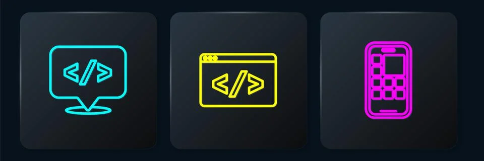 Set line Front end development, Mobile Apps and . Black square button. Vector Stock Illustration