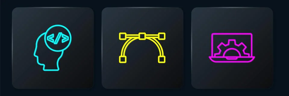 Set line Front end development, Web and Bezier curve. Black square button 스톡 일러스트