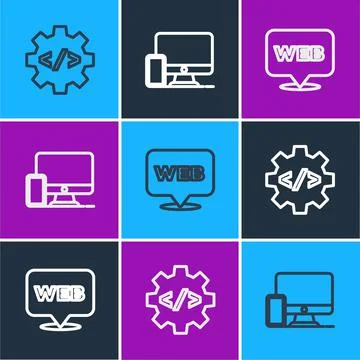 Set line Front end development, Web and graphic design and Monitor mobile icon Illustrazione stock