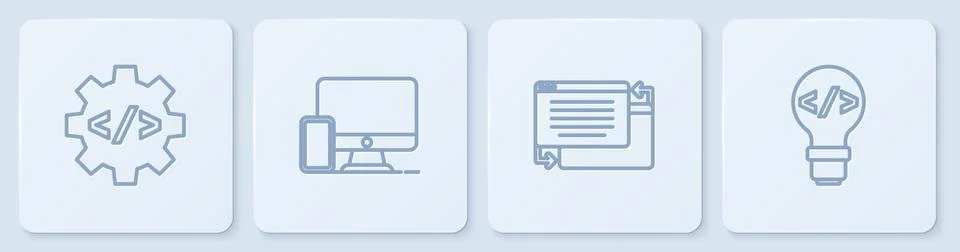 Set line Front end development, UI or UX design, Monitor and mobile and . White Illustrazione stock