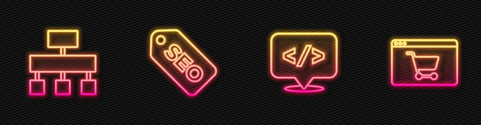 Set line Front end development, Site map, SEO optimization and Online shopping Illustrazione stock